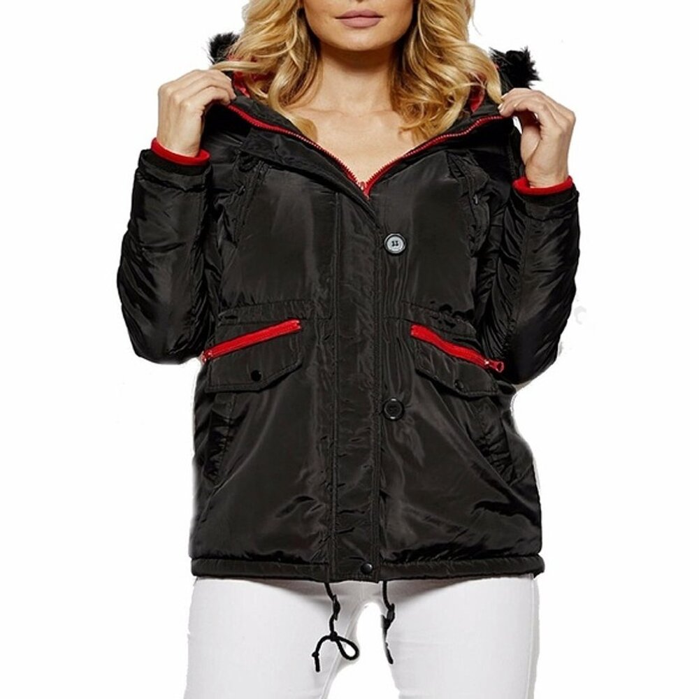 Out & About Heavyweight Faux Fur Hood Black/Red Parka Jacket – Warm  & Durable S